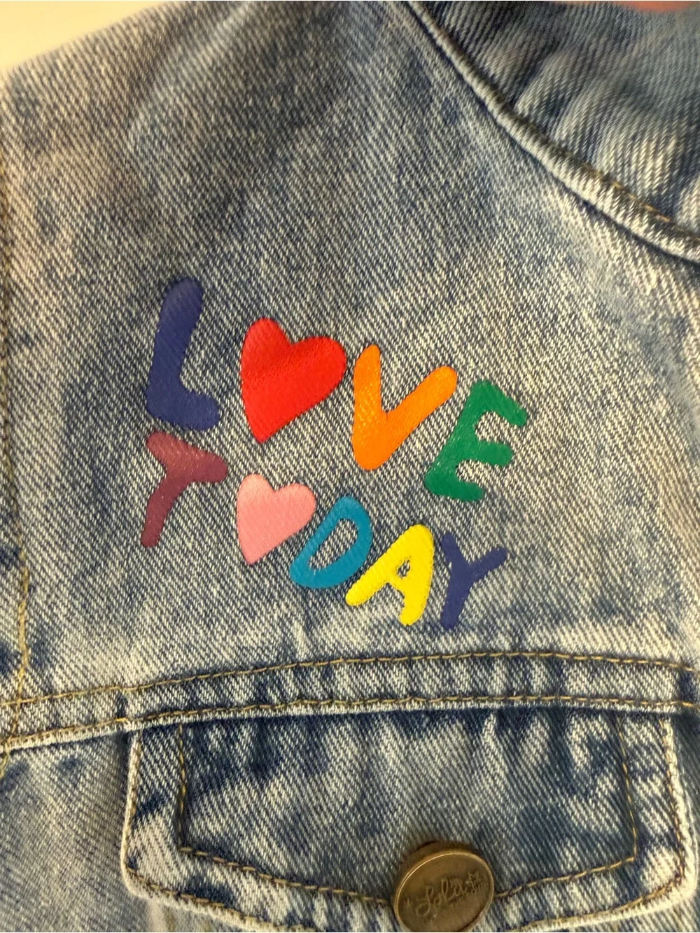 Lola + The Boys Light Blue Denim Jacket with Colorful Patch Details
